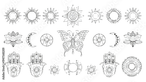 A decorative ornamental banner design featuring various celestial and mystical symbols arranged in a pattern.