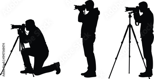 Photographer silhouettes with professional camera and tripod capturing photos, photography hobby and profession concept, creative media production and outdoor shooting activity