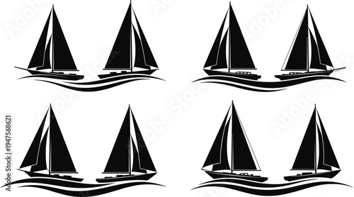 Sailboat silhouette collection with sailing yachts on ocean waves isolated vector set for marine travel nautical adventure logo design illustration