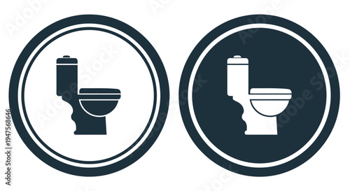 Toilet icon in circular frames with white and dark backgrounds for design elements