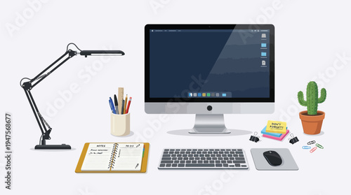 A clean and organized desk setup featuring an iMac, keyboard, mouse, desk lamp, and a potted cactus, perfect for a modern workspace.