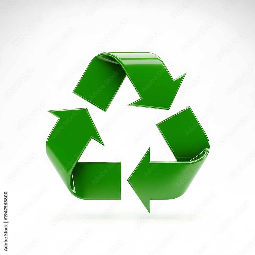Fototapeta premium Polished green recycling icon featuring realistic reflections and three-dimensional arrows designed for eco-friendly marketing and waste management themes
