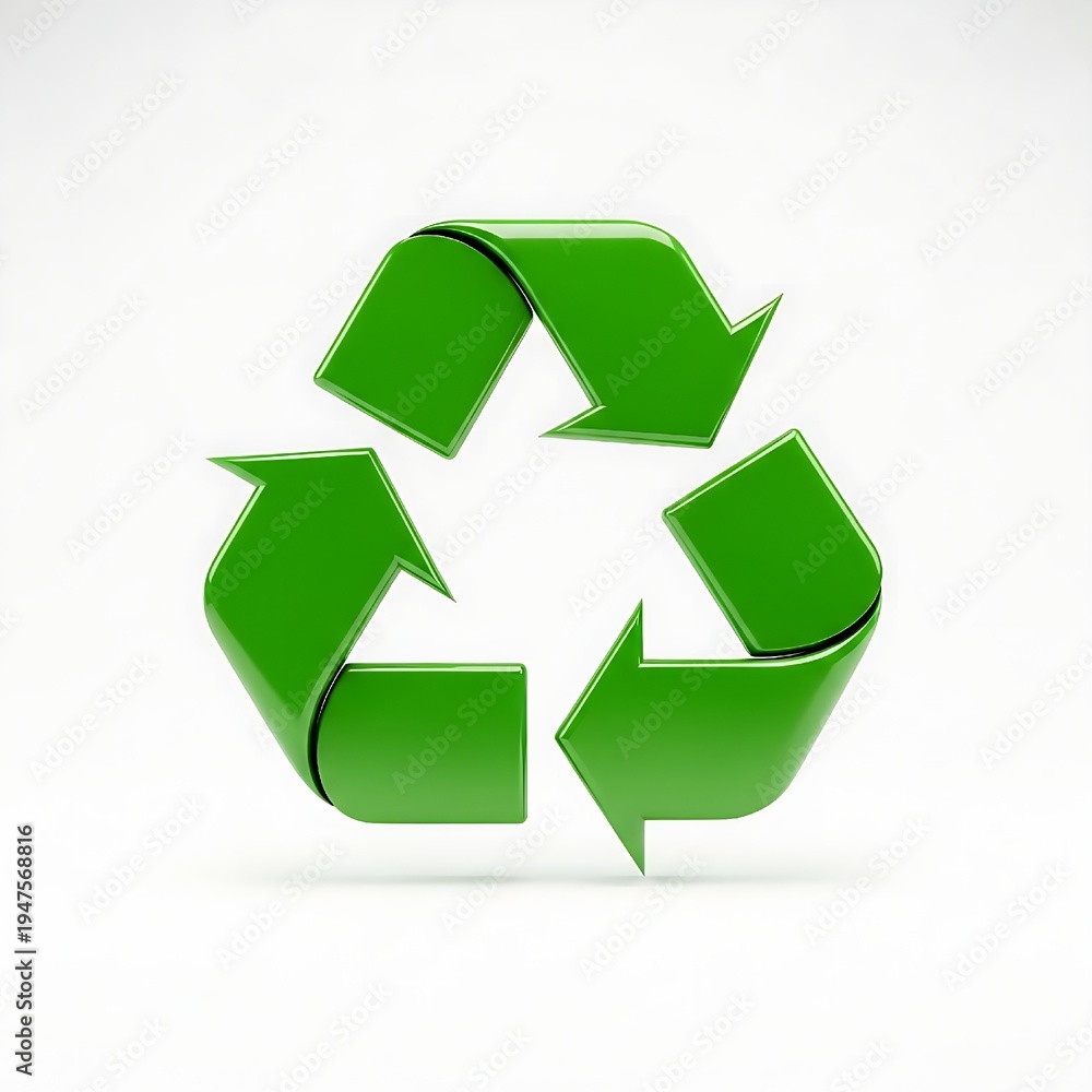 Obraz premium A glossy 3D green recycling symbol with three chasing arrows isolated on a white background representing environmental sustainability