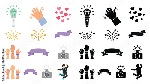 Collection of vector icons representing celebration, events, and audience engagement, including hands clapping, hearts, light sticks, fireworks, cameras, and banners.