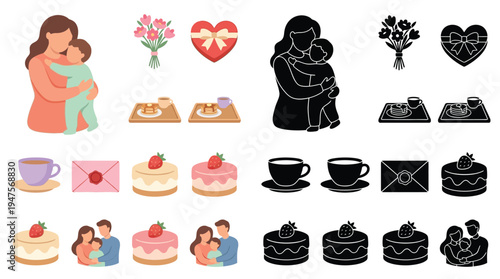 Collection of illustrations depicting mothers holding their children, gifts like heart-shaped boxes and flowers, cakes, and cups of tea, presented in both color and silhouette styles.