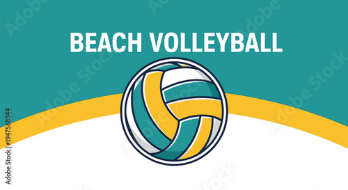 Beach volleyball logo with text in flat design on teal and yellow background for sports branding.