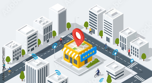 Isometric Smart City Map with Local Storefront, Red Location Pin and 5-Star Rating for Business SEO Concept