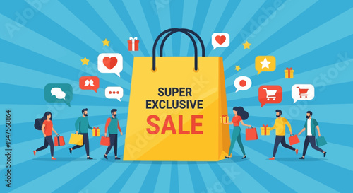 Super Exclusive Sale Banner with Giant Shopping Bag and Happy Shoppers Vector Illustration