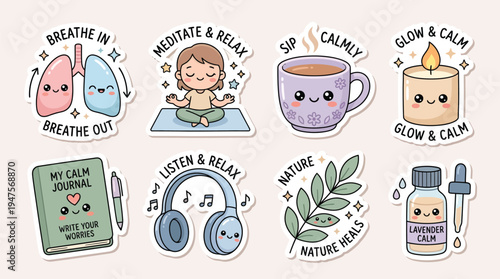 Collection of cute kawaii-style stickers promoting mindfulness, self-care, and relaxation techniques.
