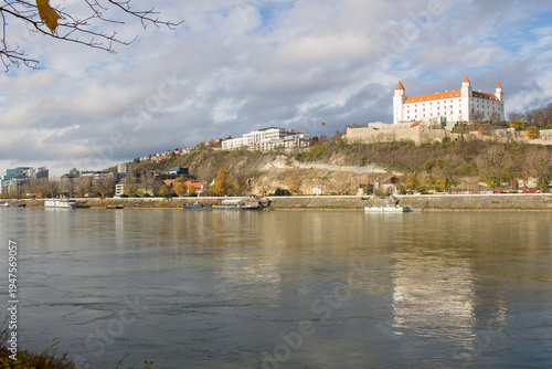 Bratislava castle, parliament and Danube river at beautiful fall day, Bratislava, Slovakia