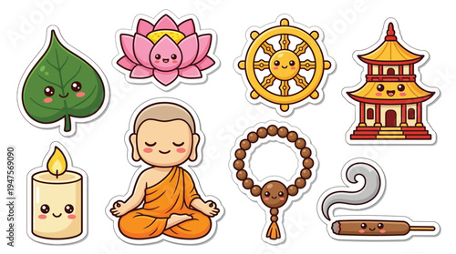 Collection of cute kawaii-style Buddhist symbols and figures, including a meditating monk, lotus flower, Dharma wheel, and stupa.