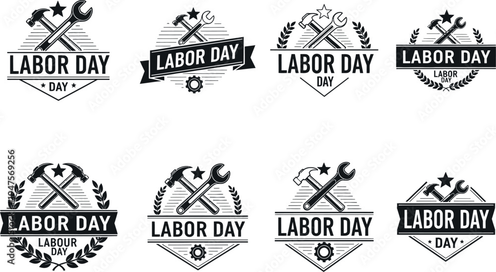 Fototapeta premium A collection of eight black and white vintage Labor Day logo designs featuring crossed hammer and wrench tools, perfect for holiday celebrations.