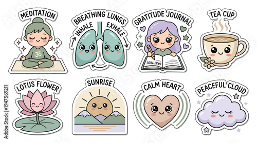 Collection of cute kawaii-style illustrations depicting elements of mindfulness, self-care, and relaxation.