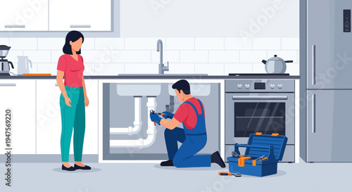 Professional Plumber Fixing Leaking Sink Pipes in Modern Kitchen for a Client, Home Maintenance and Repair Service Concept Vector Illustration
