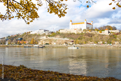 Bratislava castle, parliament and Danube river at beautiful fall day, Bratislava, Slovakia