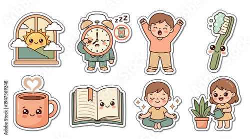 A collection of cute kawaii-style illustrations depicting various aspects of a daily morning routine, including waking up, brushing teeth, and enjoying coffee.