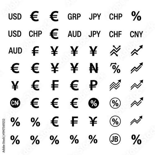 Currency symbols and percentage signs.