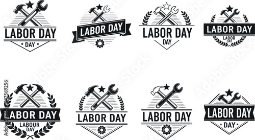 A collection of eight black and white vintage Labor Day logo designs featuring crossed hammer and wrench tools, perfect for holiday celebrations.