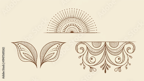An elegant decorative divider design featuring a sun, leaves, and floral patterns.