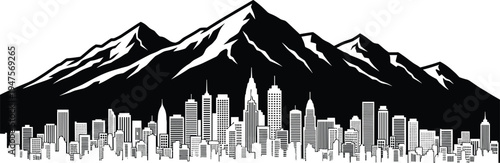 Black and white silhouette of a mountain range behind a city skyline mountains urban