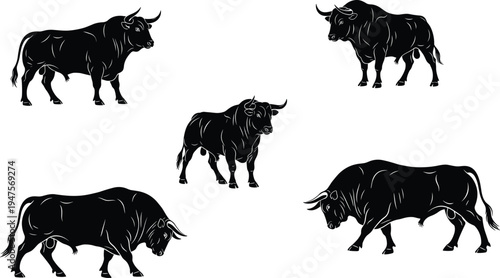 Bull silhouette collection with powerful cattle poses, farm animal vector set isolated for livestock agriculture, ranch and zodiac symbol design