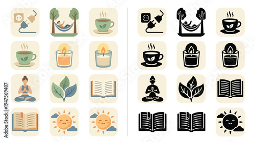 A collection of icons representing relaxation, self-care, and peaceful activities, presented in both color and monochrome versions.