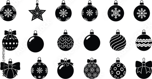 Christmas ornament silhouettes collection with decorative baubles, star and ribbon bow isolated vector illustration for holiday decoration, winter celebration and festive design