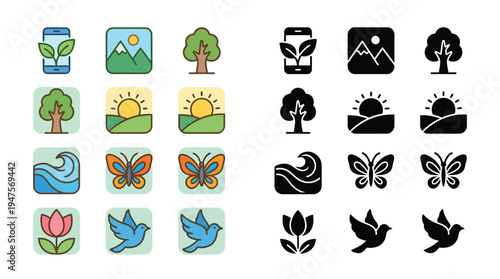 Collection of nature-themed icons presented in both colorful and monochrome styles, featuring elements like plants, animals, and landscapes.