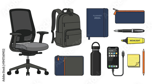 A collection of office and school supplies, including a chair, backpack, planner, pen, highlighter, phone, and pencil.