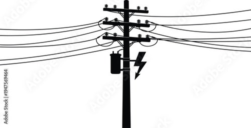 Black Silhouette of a Utility Pole with Wires and Lightning Bolt electricity power line