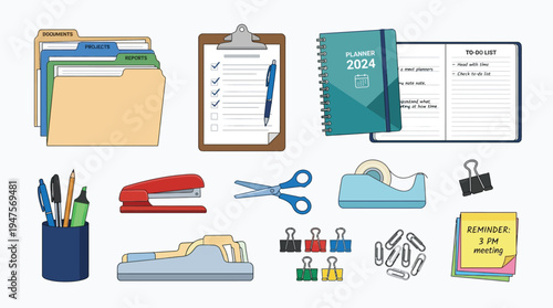 A collection of office supplies and stationery items arranged on a white background, including folders, a stapler, scissors, tape dispenser, pens, and a planner.