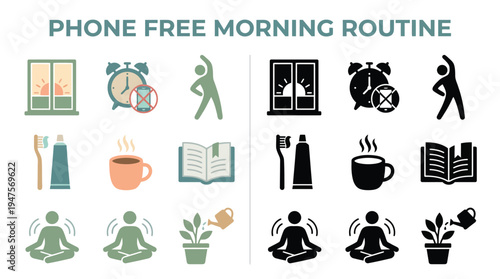 Visual guide illustrating a phone-free morning routine with icons for waking up, hygiene, and mindful activities.