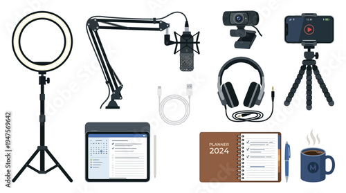 A comprehensive collection of modern vlogging and content creation equipment, including a ring light, microphone, webcam, headphones, tablet, and planner.