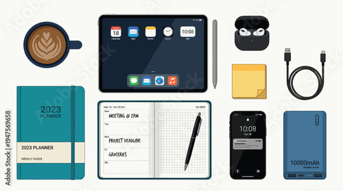 A flat lay arrangement of modern digital and analog productivity tools, including a tablet, smartphone, planner, coffee, and accessories, on a white background.