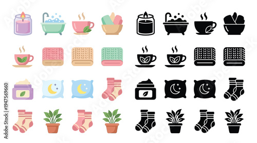 Collection of cozy and relaxing icons representing self-care, comfort, and home relaxation activities.