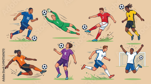 Dynamic illustration showcasing a variety of soccer players in action, including goalkeepers, strikers, and defenders, engaged in different game moments.