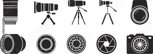Camera Lens and Photography Equipment Icons Vector Set illustration