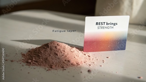 Rest Brings Strength Graphic with Pink Powder and Card on a Table for Wellness and Relaxation Themes