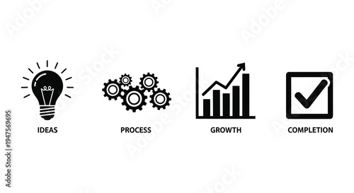 Four icons representing ideas process growth and completion in a stark silhouette high quality professional detailed