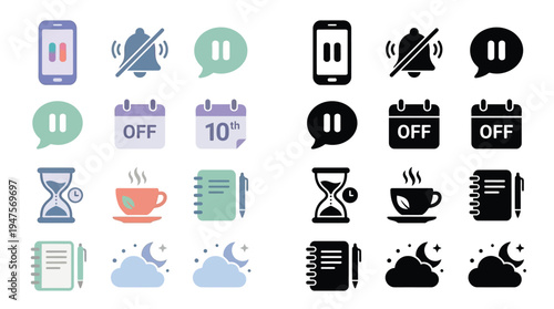 Collection of icons representing various daily activities, notifications, and states, presented in both colorful and monochromatic styles.