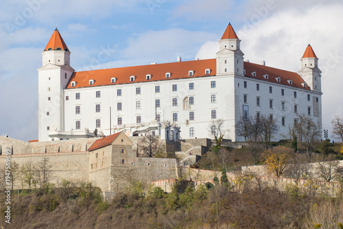 Bratislava castle, parliament and Danube river at beautiful fall day, Bratislava, Slovakia