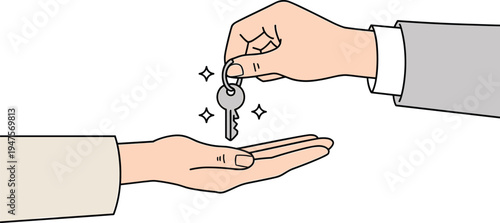 Close Up of Person Handing Over Key to Another Hand, Concept Deal and Property Ownership, Professional Agreement for House or New Home Sale, and Success Security and Mortgage Vector Illustration