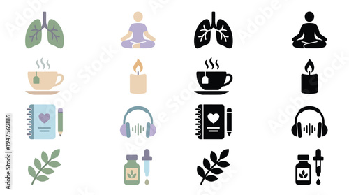 Collection of icons representing wellness, self-care, and relaxation activities, including lungs, meditation, tea, candles, journals, headphones, plants, and tinctures.