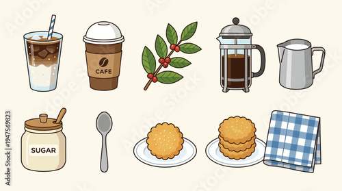A collection of coffee-related items including a cold brew coffee, a takeaway coffee cup, coffee beans on a branch, a French press, a milk jug, a sugar jar, a spoon, cookies, and a napkin.