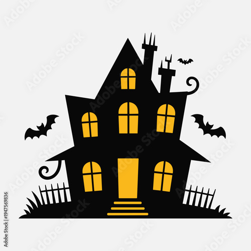 Spooky haunted house silhouette with flying bats illustration for halloween and horror themes