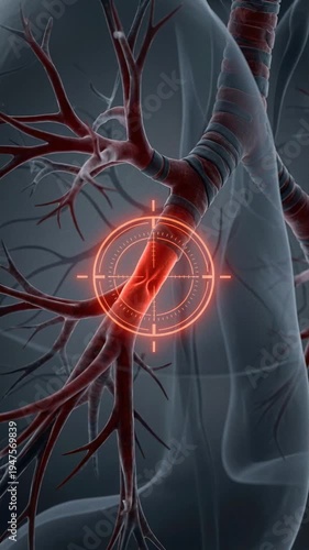 Close-up 3D animation of a human lung showing a tumor or blockage within the bronchi and trachea with a targeting reticle overlay