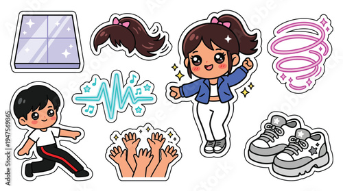 A vibrant collection of cute chibi-style stickers featuring dancing characters, musical notes, and athletic shoes, perfect for creative projects.