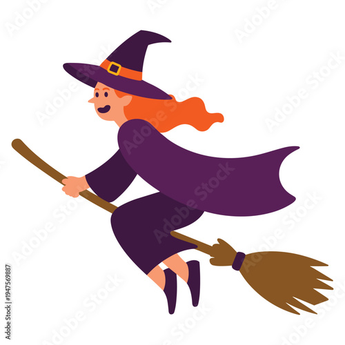 Witch flying on broomstick with flowing purple cape and orange hair