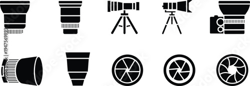 Camera Lens Icons and Photography Equipment Silhouettes Keywords: camera lens, photography, equipment, icon, silhouette