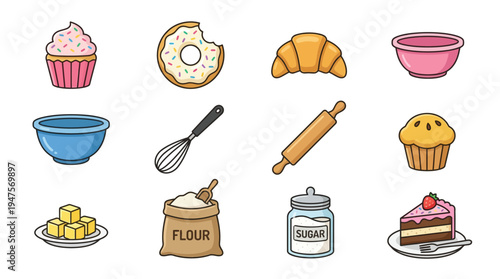 A delightful collection of baking ingredients and tools, including cupcakes, donuts, croissants, bowls, whisks, rolling pins, butter, flour, sugar, and cake slices.